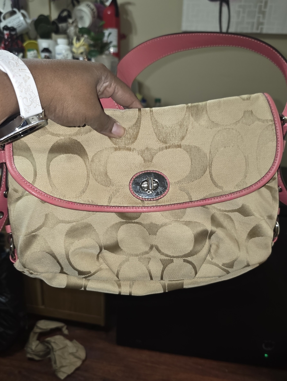 Coach Khaki Signature Shoulder Bag with Pink Trim